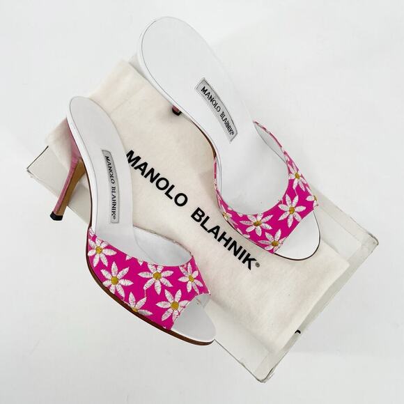 Manolo Blahnik Vintage y2k Pink White Daisy Floral Open Toe Mule Sandal IT 38 - Picture 1 of 13